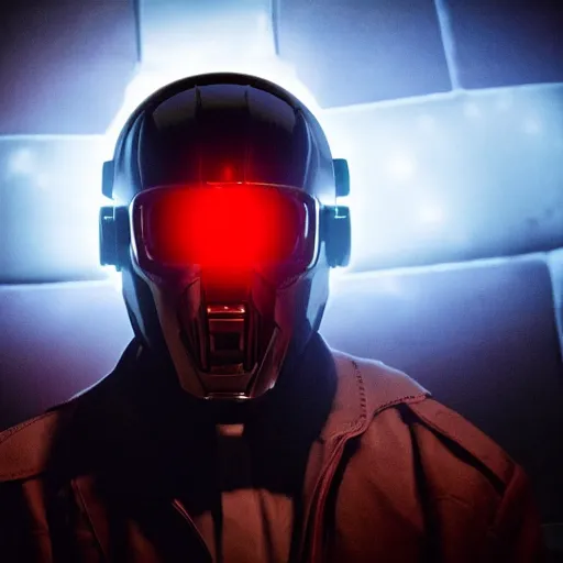 Prompt: movie still of a man with a glowing cyborg helmet, cinematic composition, cinematic light, by edgar wright and david lynch