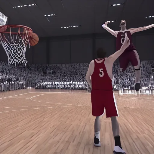 Image similar to Jesus dunks basketball into a net at a court, hd, 4k, realistic