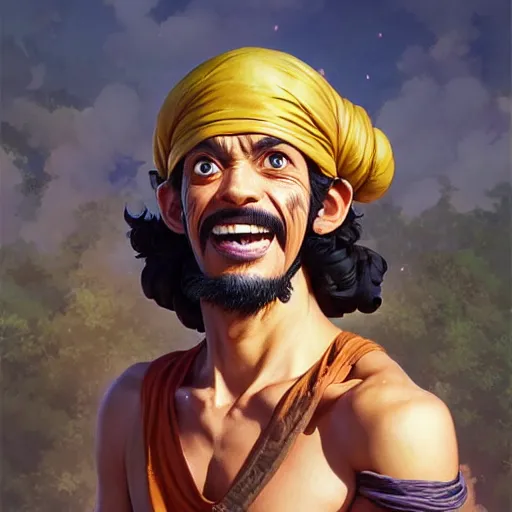 Image similar to highly detailed vfx portrait of usopp by eiichiro oda!, greg rutkowski, loish, rhads, beeple, makoto shinkai, tom bagshaw, alphonse mucha, sharp focus, art by artgerm and greg rutkowski, stanley kubrick, backlit, harsh overhead sunlight,