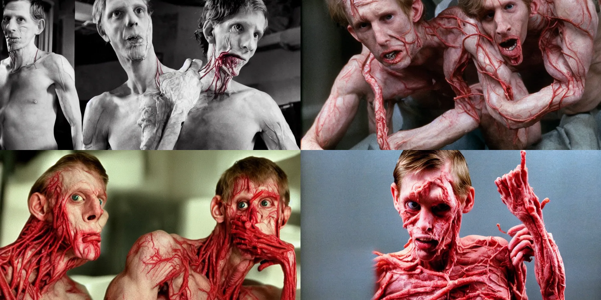 Prompt: eric trump body horror directed by david cronenberg, limb mutations, swollen veins, red flesh strings, cinestill 8 0 0 t, 1 9 8 0 s movie still, film grain