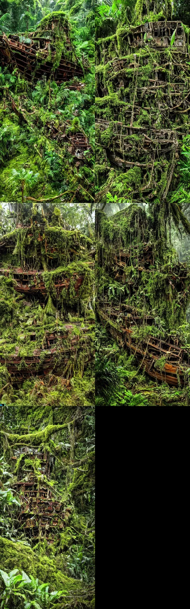 Prompt: a wrecked pirate ship in the middle of a jungle, overgrown, very detailed, intricate, mossy, pirates of the Caribbean, dramatic lighting