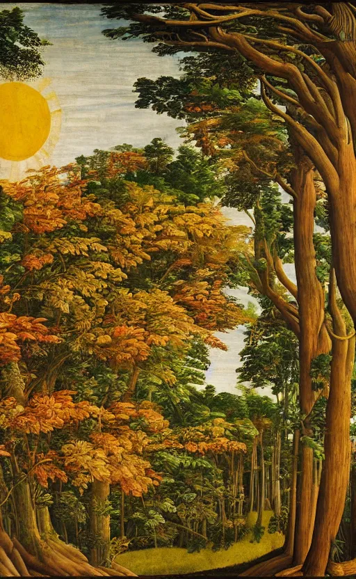 Prompt: mural depicting a beautiful sunrise over a lush forest during fall, in the style of sandro botticelli, caravaggio, albrecth durer