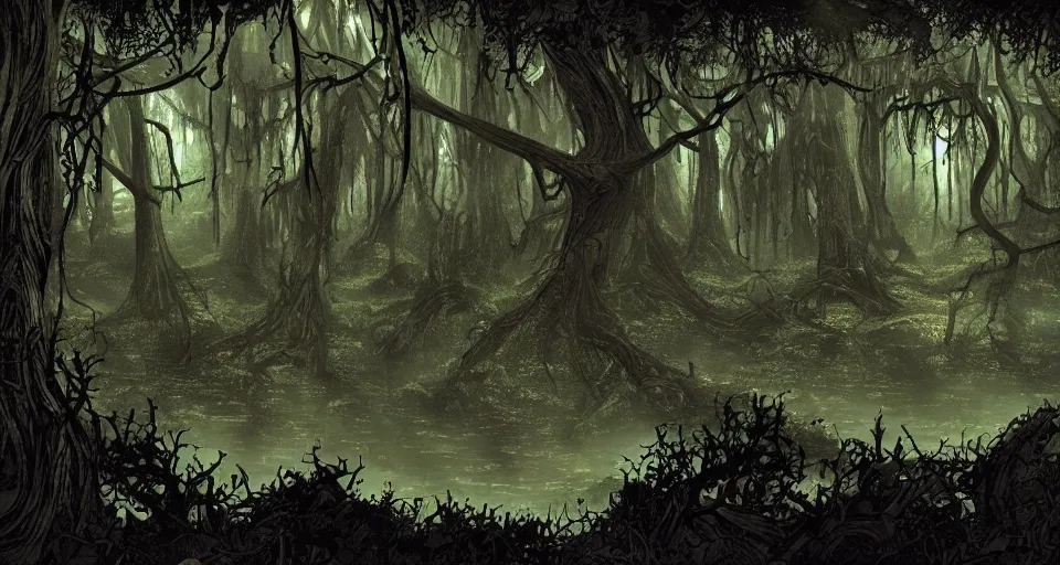 Image similar to A dense and dark enchanted forest with a swamp, from Starcraft