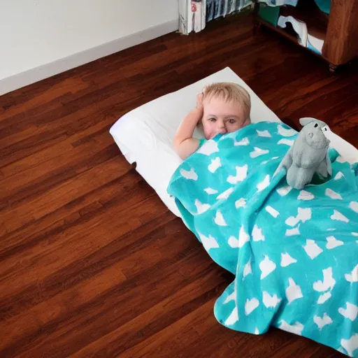 Image similar to kid cover under blanket from a scary big monster