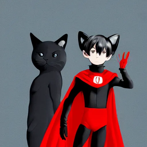 Image similar to little boy with cat ears in an black latex suit with red cape. digital artwork made by lois van baarle and kentaro miura, sharpness focus, anatomically correct, heroic composition