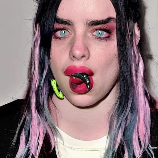 Image similar to billie eilish having mouth full of snakes