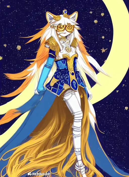 Image similar to commissioned full body portrait of a female anthro wolf princess fursona with white fur and long red hair hair wearing a blue and gold Japanese armored dress in a white and gold palace on a starry night with a large crescent moon, by a professional manga illustrator, by Kilian Eng, by Sandra Chevrier, trending on artstation