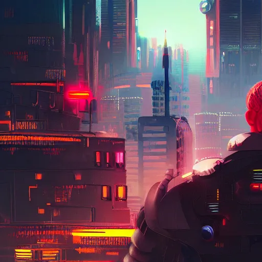 Prompt: character with short white hair, robotic arm, city in background, neonpunk, dystopian, scifi, intricate, detailed red lighting, digital art, trending on artstation