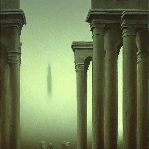 Prompt: arm reaching out of thick fog, symetrical rows of stone columns, zdzislaw beksinski