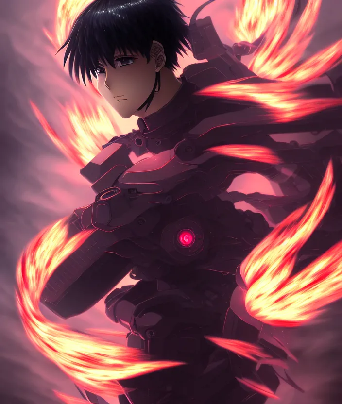 Image similar to a detailed manga illustration character full body portrait of a dark haired cyborg anime man shrouded in clouds of dark smoke and fire, trending on artstation, digital art, 4 k resolution, detailed, high quality, sharp focus, hq artwork, insane detail, concept art, character concept, character illustration, full body illustration, cinematic, dramatic lighting