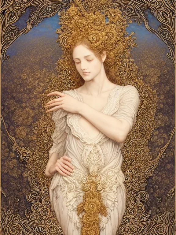 Image similar to Gustave dore beautiful maiden ivory mask intricate ornate wings fractal-lace iridescent gemstone wearing ivory rococo dress, ivory gold, iridescent highlights, full view, soft lighting, vivid, Hyperdetailed, 4k hd matte painting by Artgerm, Kelly McKernan, Marc Simonetti, Mucha, Klimt, Moebius, James Jean, 8k resolution, enchanting and otherworldly, Artstation, CGsociety, detailed, front view