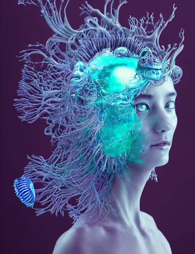 Image similar to goddess macro close - up portrait wigh crown made of ram skull. betta fish, jellyfish phoenix, bioluminiscent, plasma, ice, water, wind, creature, super intricate ornaments artwork by tooth wu and wlop and beeple and greg rutkowski