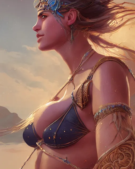 Image similar to A beautiful womanly warrior wearing a magical bikini posing on a boat, beautiful face, highly detailed face, close-up, fantasy art, in the style of greg rutkowski, illustration, epic, fantasy, intricate, hyper detailed, artstation, concept art, smooth, sharp focus, ray tracing