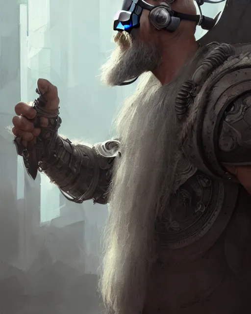 Prompt: a grey bearded viking cyborg wearing a vr headset, shoreditch, real life skin, intricate, highly detailed, artstation, concept art, smooth, sharp focus, art by artgerm and greg rutkowski