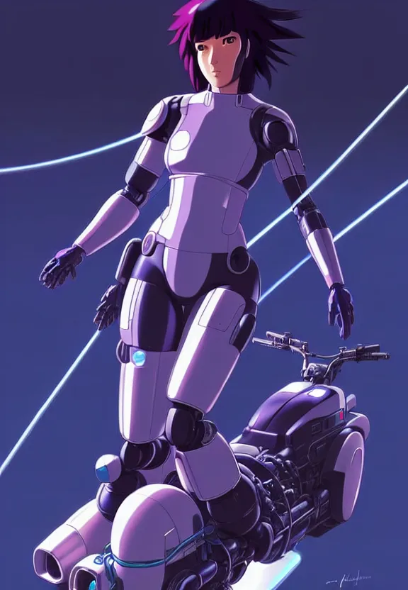 Prompt: a fullbody pose of motoko kusanagi riding a tachikoma, ghost in the shell : : connected to cables, under repairs, maintenance area, technicians : : by ilya kuvshinov, rossdraws, artgerm, sola digital arts, anti aliasing, raytracing : :