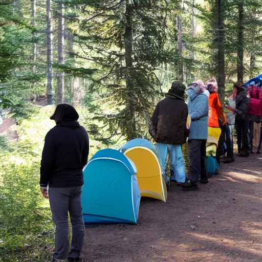 Image similar to people waiting in line before a toilet on a camping