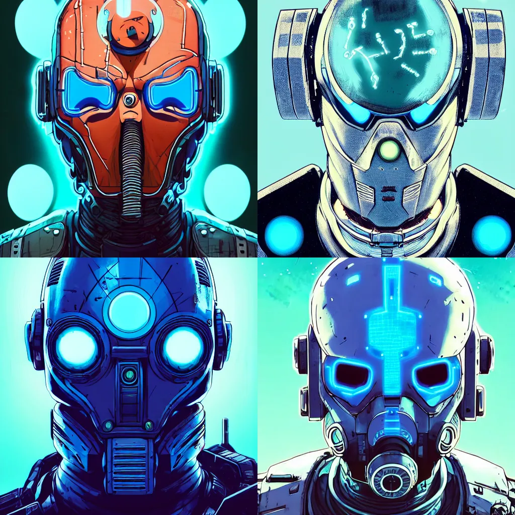 Image similar to cell shaded portrait of a cybernetic blue bald soldier with glowing blue eyes as Borderlands 3 concept art, llustration, post grunge, concept art by josan gonzales and wlop, by james jean, Victo ngai, David Rubín, Mike Mignola, Laurie Greasley, highly detailed, sharp focus,alien,Trending on Artstation, HQ, deviantart, art by artgem