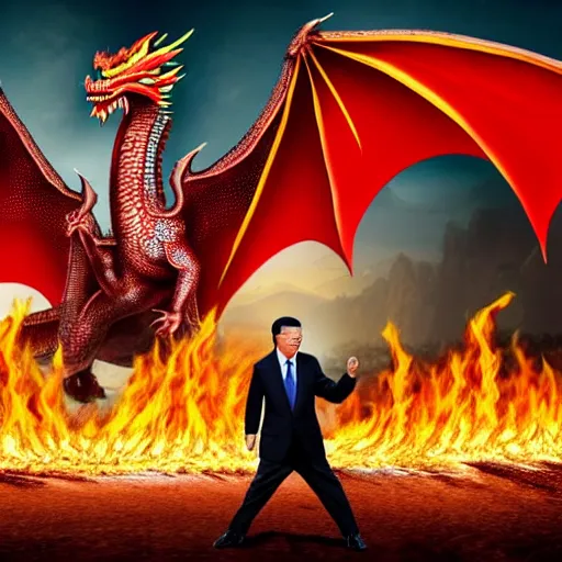 Prompt: Chinese president in epic stance fighting with dragon on flaming mountain, bananas weapon, painting, epic