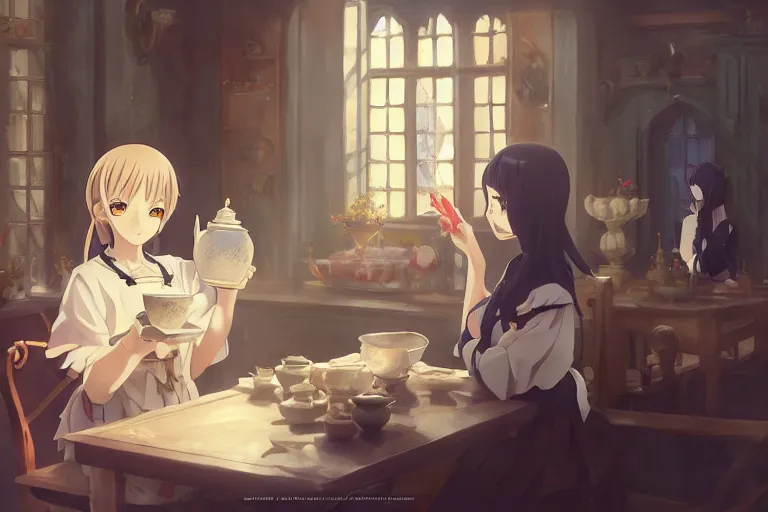 Image similar to anime key visual concept art of anime maid pouring tea gracefully, medieval european style noble manor interior, trending on artstation, brush strokes, oil on canvas, style of kawacy and makoto shinkai and greg rutkowski and studio ghibli