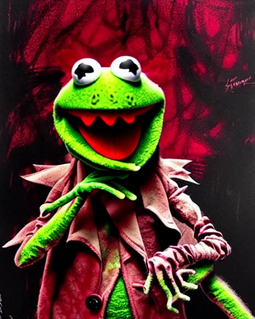 Image similar to disturbing grunge still of a demon infested kermit the frog in the muppets show. horror colored ink art, by greg tocchini, by tom bagshaw, by henry asencio, by kikuchi hideyuki, white red, black, crimson and grey gradient color scheme