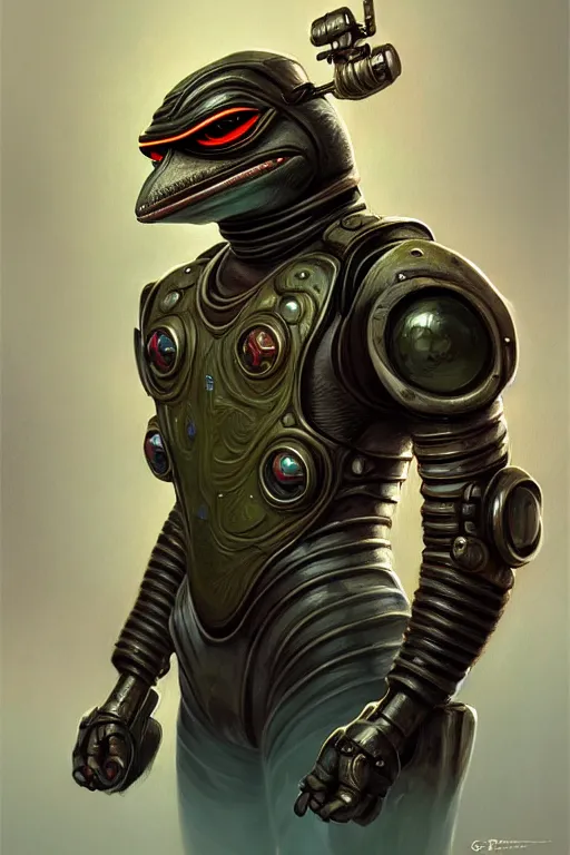 Image similar to Portrait of pepe with a spoon wearing futuristic power armor, fantasy, intricate, highly detailed, digital painting, trending on artstation, sharp focus, illustration, style of Stanley Artgerm and Greg Rutkowski and Dan Mumford