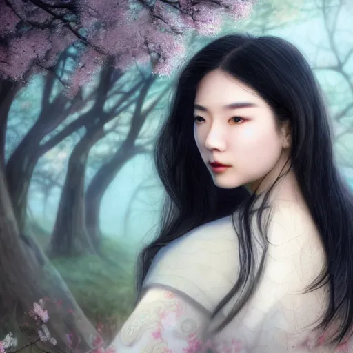 Image similar to a pretty chinese prince, long black hair, elegant, intricate backlit, incredible lighting, strong rim light, subsurface scattering, epic beautiful landscape, cherry trees, highly detailed, god rays, digital painting, by Heise Jinyao, Heise-Lian Yan Fang, Feimo, Rossdraws, HDRI, vivid colors, high contrast, 8k resolution, photorealistic