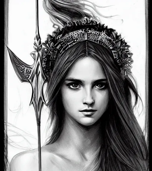 Image similar to beautiful aphrodite goddess wearing an arrow on her head, realistic face, beautiful eyes, black and white drawing, in the style of greg rutkowski, fantasy, amazing detail, epic, intricate, elegant, smooth, sharp focus