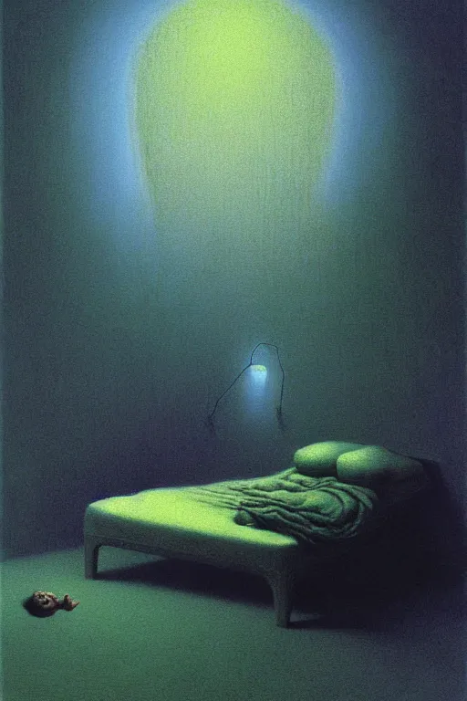 Image similar to portrait of bed pilled novelai user telling qpangfire to go to bed, by zdzislaw beksinski, by dariusz zawadzki, artbook, tone mapped, deep blues, shiny, soft lighting