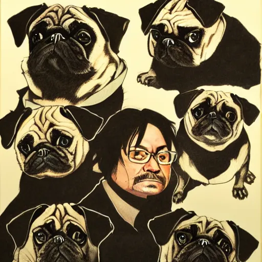 Image similar to self portrait showing family of pugs by yoji shinkawa, extra details, colored, 4 k, dynamic lighting