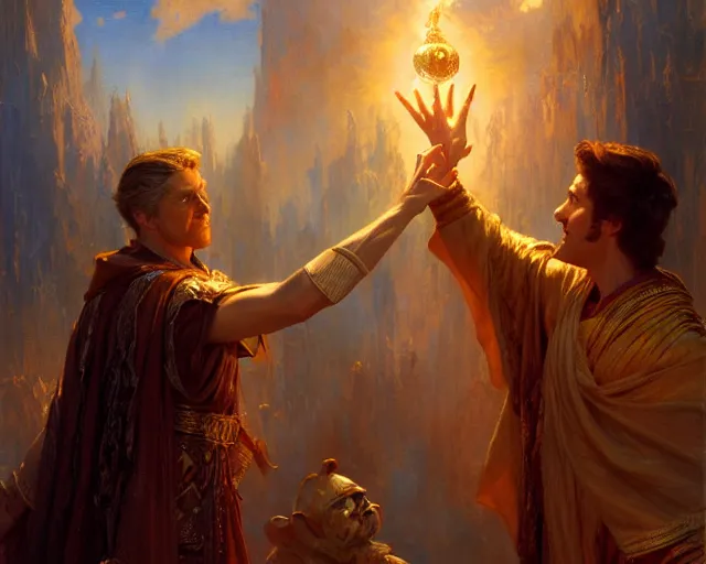 Image similar to attractive wizard man, casting light magic, summoning a handsome deity. highly detailed painting by gaston bussiere, craig mullins, j. c. leyendecker 8 k