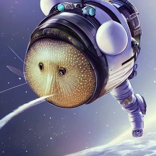 Image similar to !dream a pufferfish in a astronaut suit, 3d, sci-fi fantasy, intricate, elegant, highly detailed, lifelike, photorealistic, digital painting, artstation, illustration, concept art, sharp focus, art in the style of Shigenori Soejima