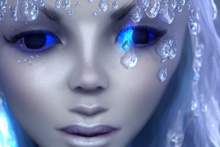 Image similar to HD render of Malevolent Ice Queen with ice droplets on forehead in the style of Artstation, Unreal Engine, photorealistic, reflective