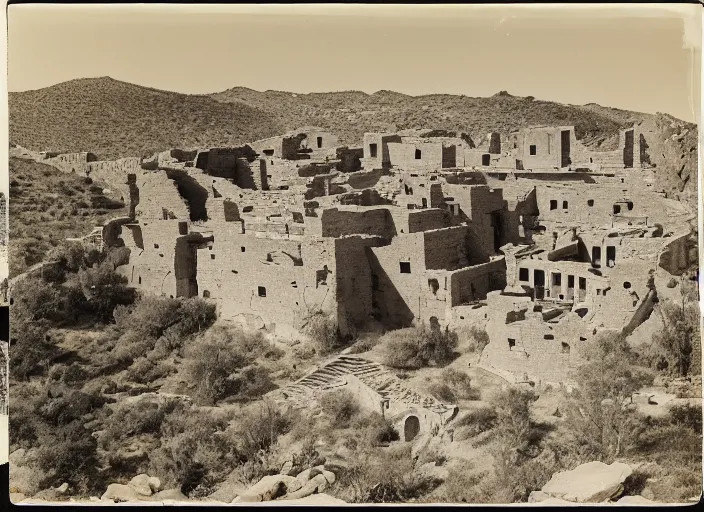 Image similar to Photograph of sprawling cliffside pueblo ruins, showing terraced garden and lush desert vegetation in the foreground, albumen silver print, Smithsonian American Art Museum