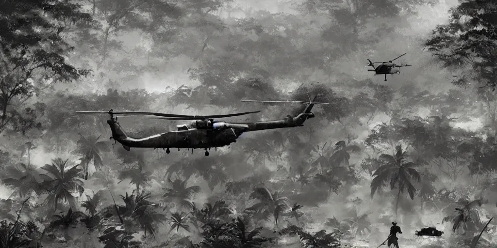 Prompt: vietcong ambushing 3 huey helicopters offloading soldiers in a clearing of a jungle, gritty, realistic, high contrast, cinematic, art by craig mullins