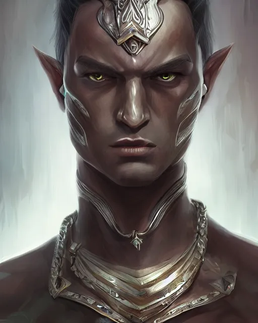 Image similar to a handsome noble male dark elf, obsidian skin, jewels, fantasy, intricate, elegant, highly detailed, digital painting, artstation, concept art, sharp focus, illustration