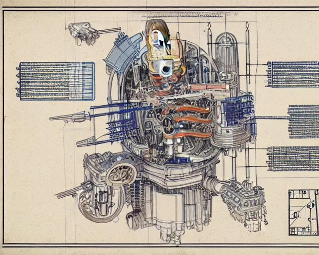 Image similar to a full page of a mechanical blueprint showing a cutaway design for a mechanized woman robot, muted colors, post grunge, studio ghibli, hq,