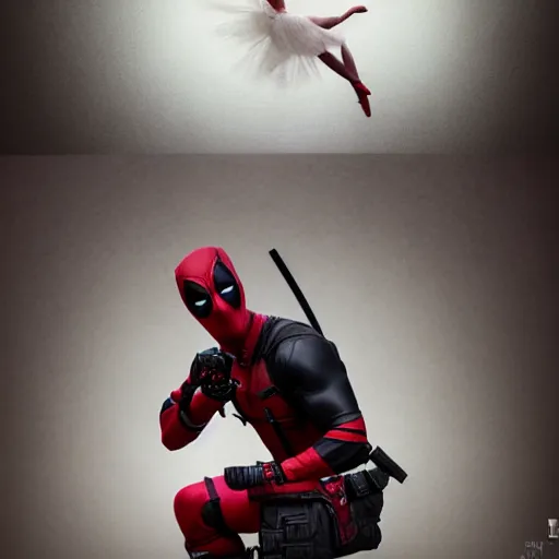 Prompt: full body pose, hyperrealistic photograph of deadpool as a ballerina dancer, dim volumetric lighting, 8 k, octane beautifully detailed render, extremely hyper detailed, intricate, epic composition, cinematic lighting, masterpiece, trending on artstation, very very detailed, stunning, hdr, smooth, sharp focus, high resolution, award, winning photo, dslr, 5 0 mm