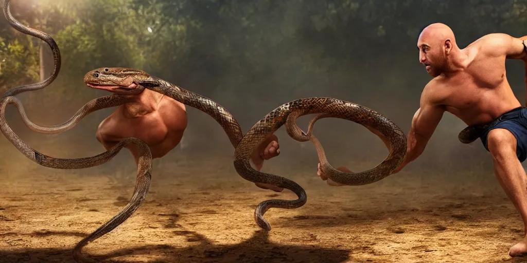 Image similar to The Ryback fighting a snake outdoors, highly detailed, intricate, hyperrealistic, photorealistic, ultra hd, global illumination lighting, award-winning, 4k, beautiful color, high quality, high textured, lens flare