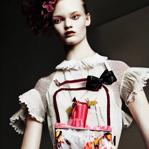 Image similar to close up of a fashion model with french maid dress, official valentino editorial, highly detailed