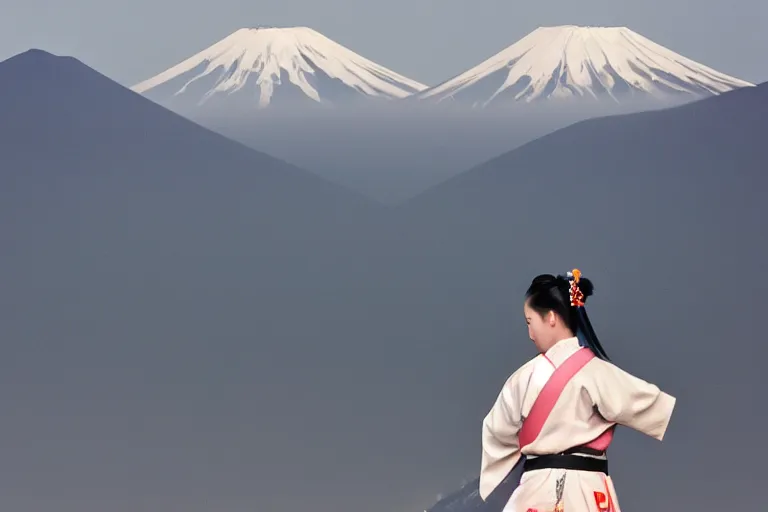 Prompt: beautiful photo of a young modern geisha samurai warrior, mt fuji in the background, mid action swing, shining silver katana sword, award winning photo, muted pastels, action photography, 1 / 1 2 5 shutter speed, dramatic lighting