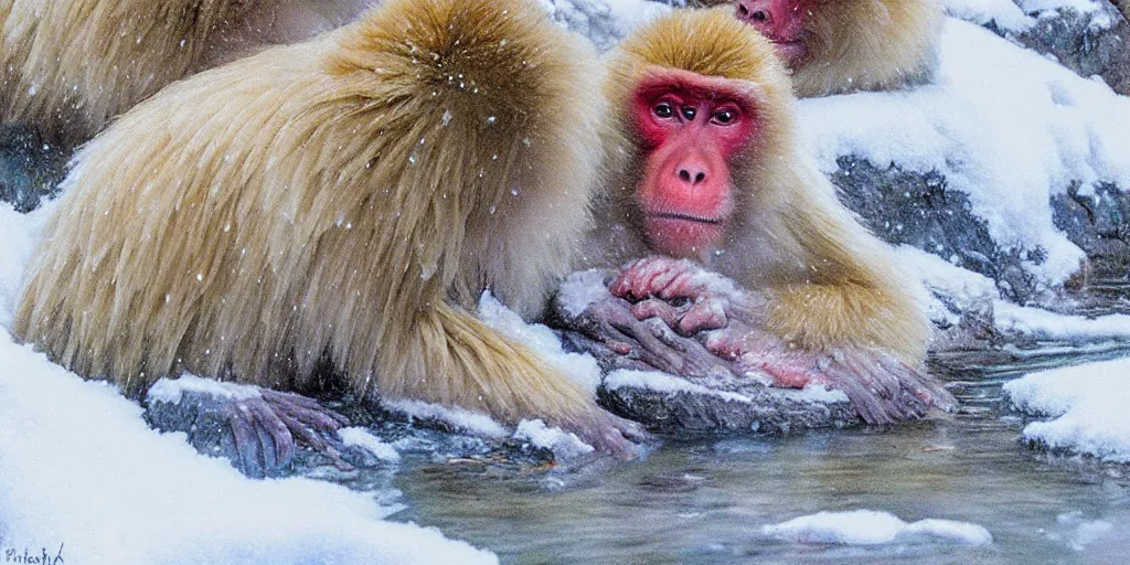 Prompt: snow monkeys, mountain spa, muted color (blues, reds), steam, snow flurries, breath condensation, caring, family, digital, intelligent, smart, inquisitive, adorable, handsome, art by Steve Henderson