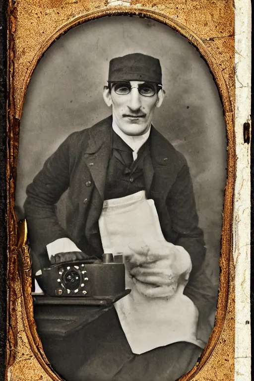 Image similar to portrait of patrick fischler as a snake oil salesman, daguerreotype, steampunk, groovy
