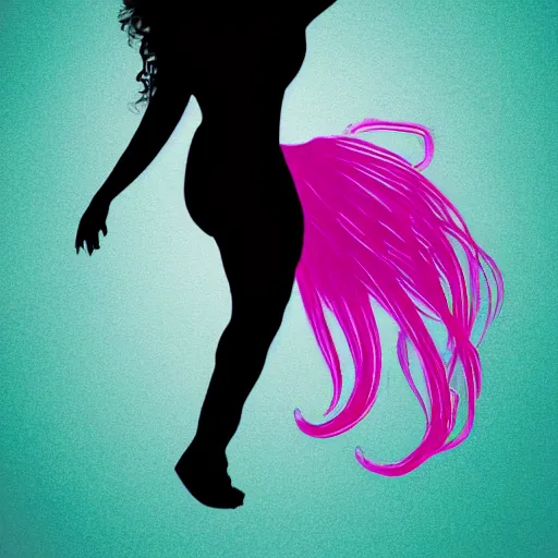 Image similar to A silhouette of a woman with long pink hair dancing around a lilly flower