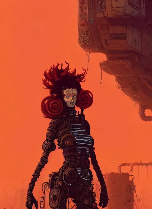 Image similar to highly detailed portrait of wasteland punk long curly fire hair tribal lady, stray wiring by atey ghailan, james gilleard, by joe fenton, by greg rutkowski, by greg tocchini, by kaethe butcher, 4 k resolution, gradient red, orange, black and white color scheme!!! ( ( flaming robotic dystopian city spiral background ) )