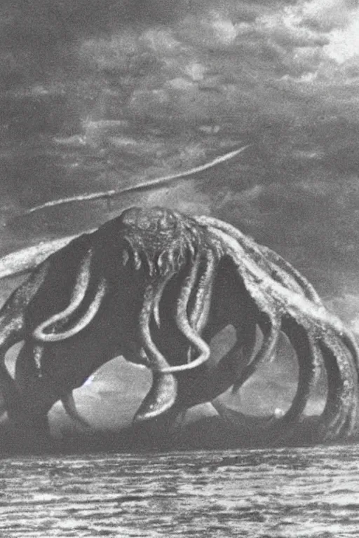 Prompt: A sighting of Cthulhu. 1940s photograph.