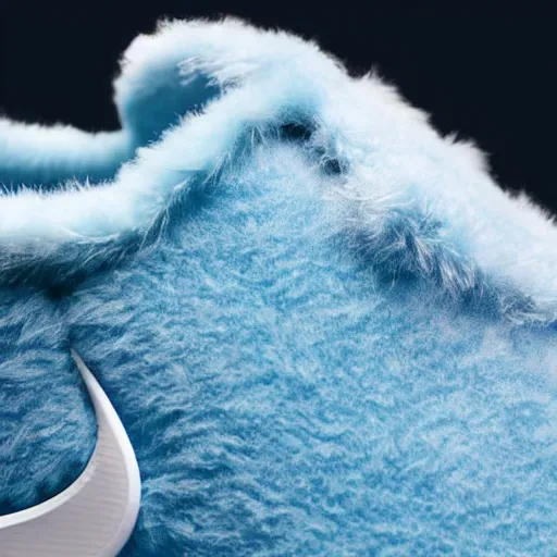 Image similar to poster nike shoe made of very fluffy blue faux fur placed on reflective surface, professional advertising, overhead lighting, heavy detail, realistic by nate vanhook, mark miner