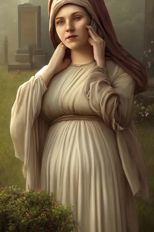 Image similar to portrait of a pregnant widow next to the grave, illustration, dramatic lighting, soft details, painting oil on canvas, art deco, octane render, HDR, 4k, 8k, HD, by Edmund Blair Leighton, Brom, Charlie Bowater, trending on artstation, faces by Tom Bagshaw, Sargent