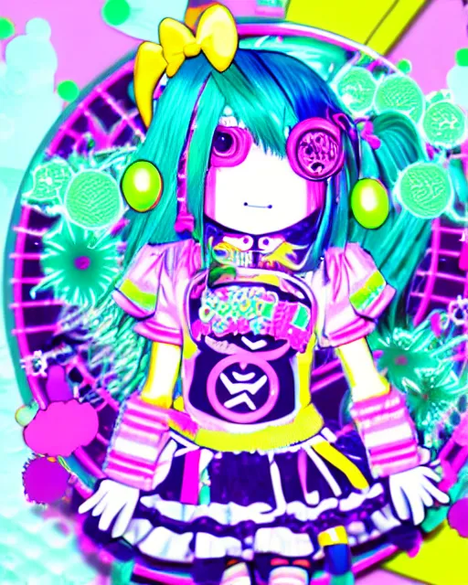 Image similar to cybergoth decora glitchcore yokai girl, sanrio tamagotchi moe ornaments, pastel cute cinematography