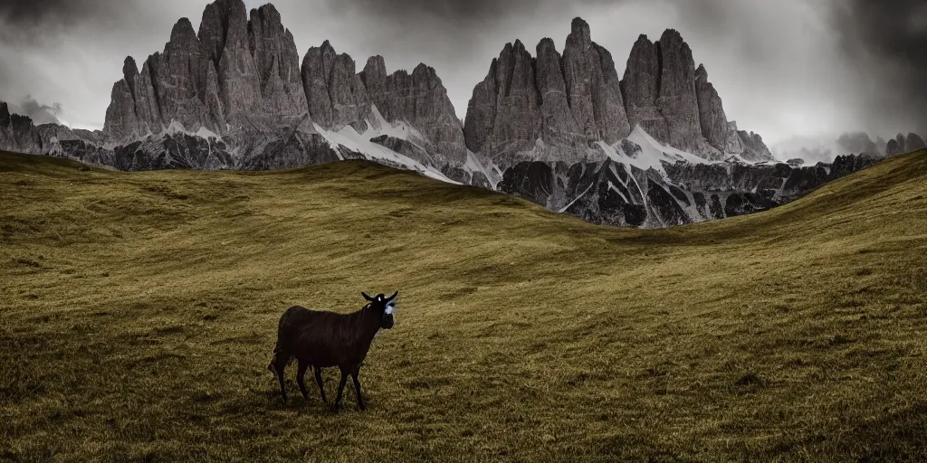 Image similar to dolomites, pastures, alps, alp, star rain, dark, eerie, despair, portrait photography, artstation, highly detailed, sharp focus, by cronneberg