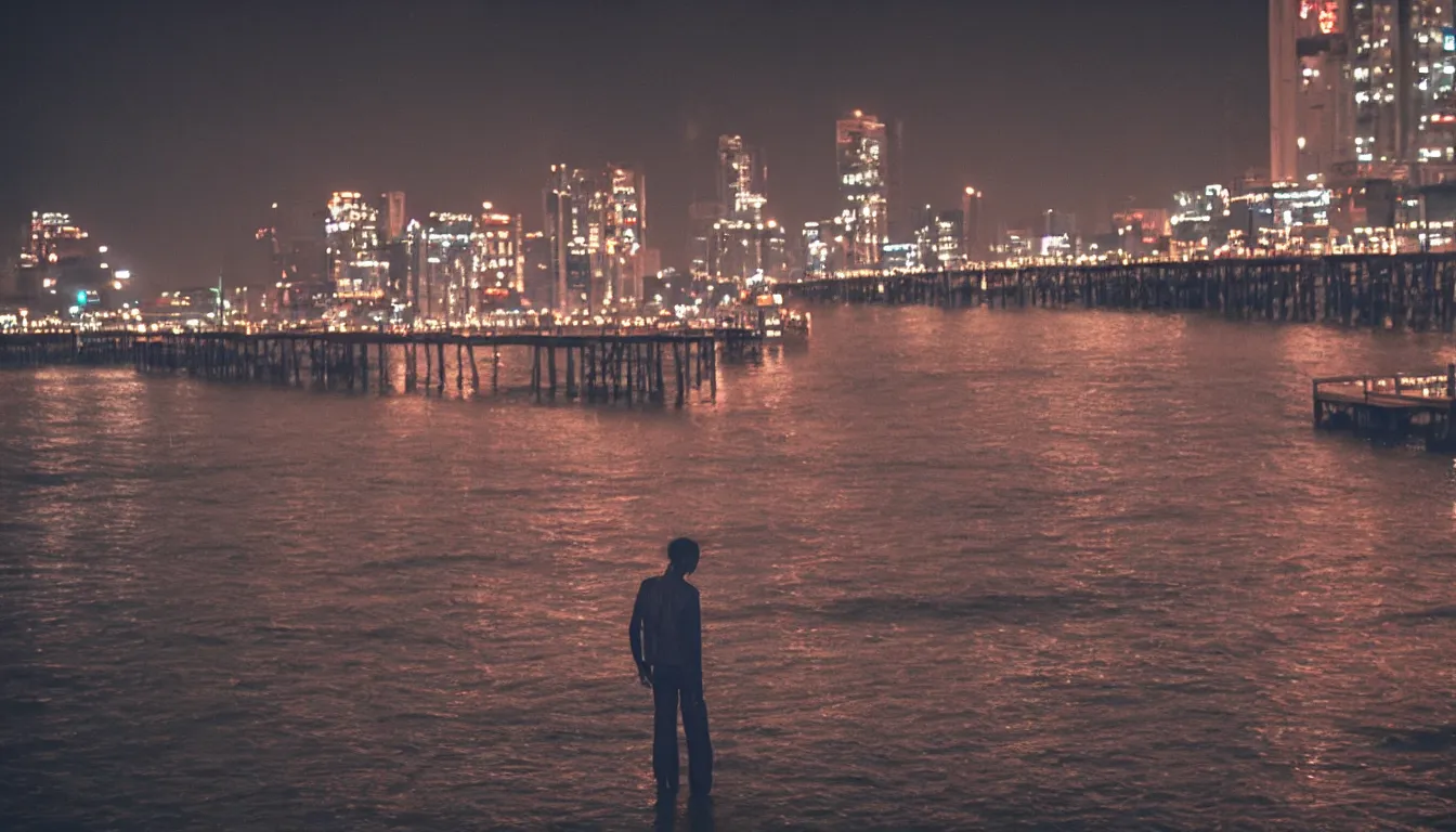 Image similar to 80s asian neon movie still with a lone man on a pier overlooking the river at night with city lights behind his back. Fallen angels movie still. hyperrealistic, high definition, medium format photography, highly detailed, tehnicolor, anamorphic 50mm lens